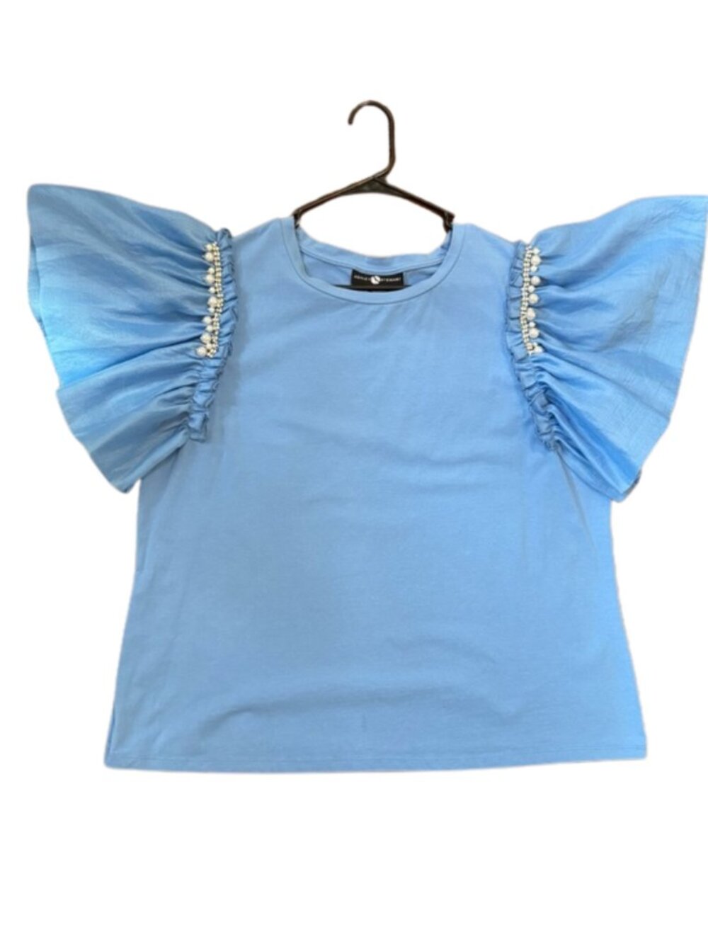 Ashley Stewart Blue Ruffle Sleeve Top 18/20 Pearl Embellished Plus Size Blouse